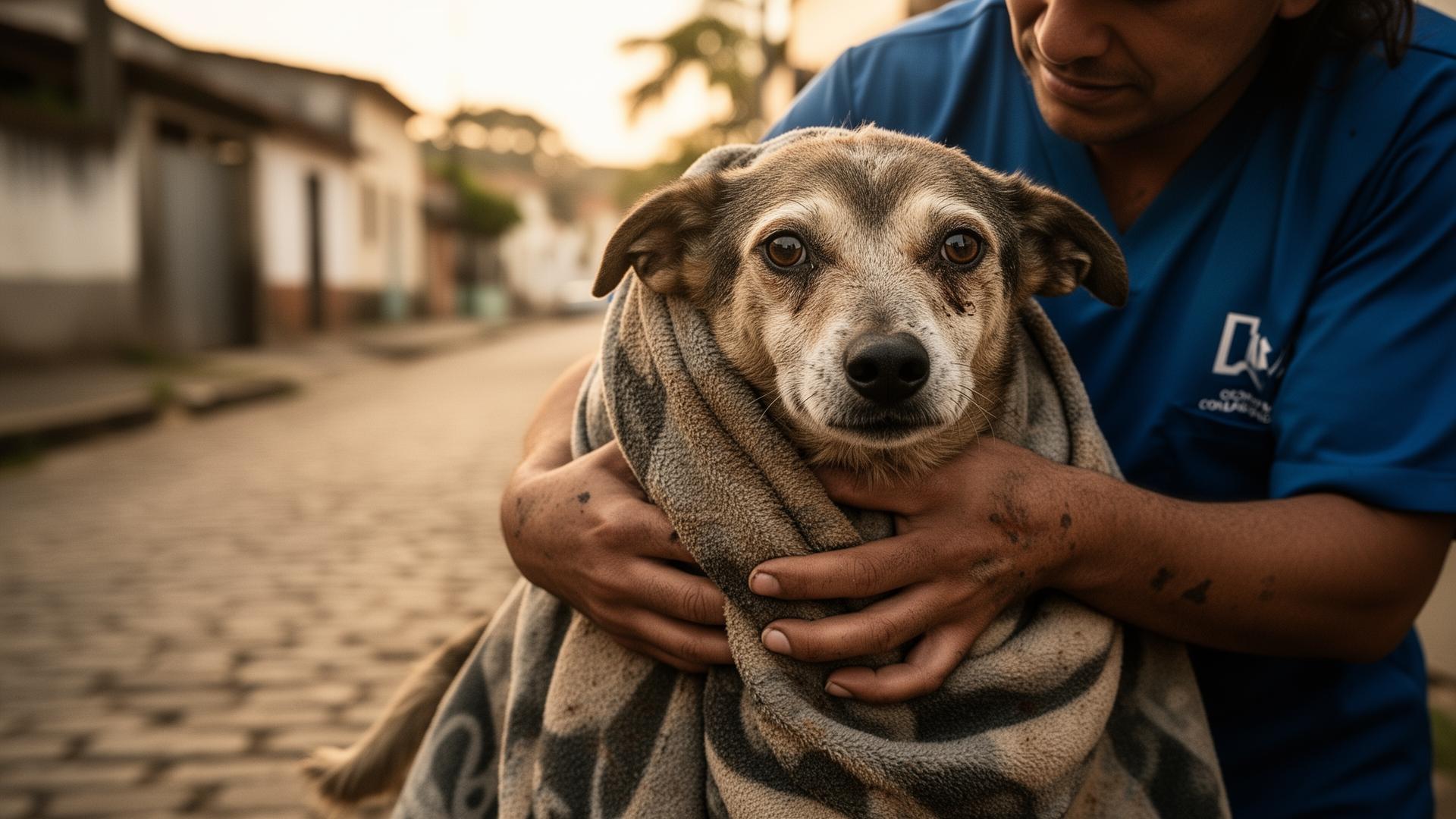 Voluntário resgatando um cão de rua